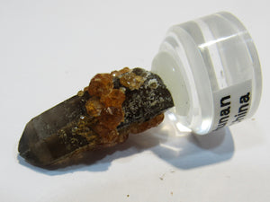 Rauchquarz mit Granat xx Spessartin Kristall auf Sockel Hunan, China