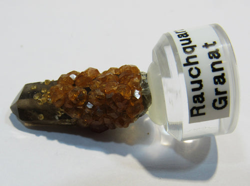 Rauchquarz mit Granat xx Spessartin Kristall auf Sockel Hunan, China