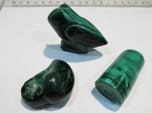 Malachit 3 Stücke poliert Eule Zylinder Druse 205g Shaba, Kongo