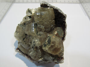 Calcit hexagonal xx Kanonenspat auf Eisenkiesel Druse 7cm Idar Oberstein, Deutschland