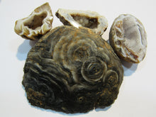 Laden Sie das Bild in den Galerie-Viewer, Achat Set edle Chalcedon Mandeln geschlossen und geschnitten 230g, Brasilien
